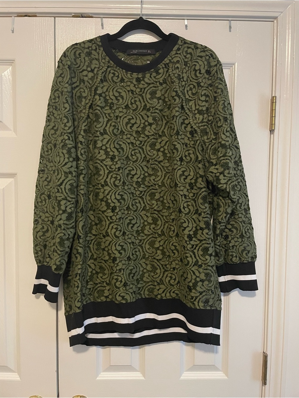 Zara Olive Green Lace Sweatshirt with Black Trim